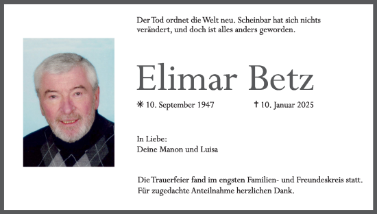 Anzeige von Elimar Betz von MGO