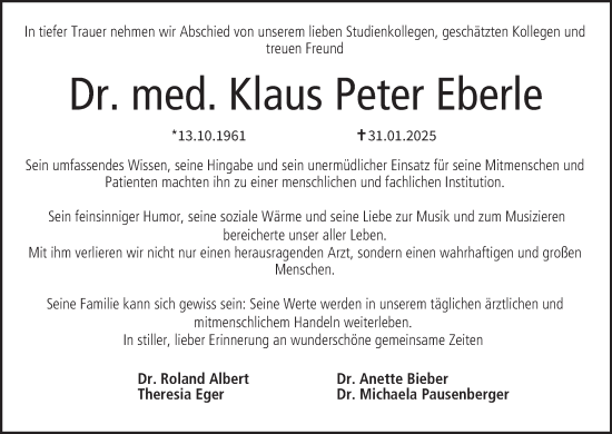 Anzeige von Klaus Peter Eberle von MGO
