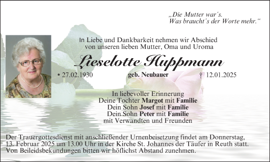 Anzeige von Lieselotte Huppmann von MGO