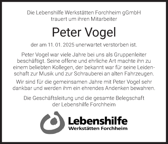 Anzeige von Peter Vogel von MGO