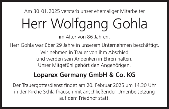 Anzeige von Wolfgang Gohla von MGO