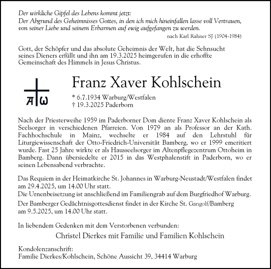 Anzeige von Franz Xaver Kohlschein von MGO