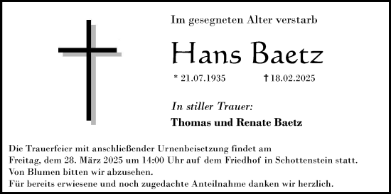 Anzeige von Hans Baetz von MGO