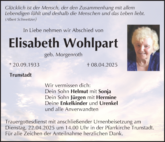 Anzeige von Elisabeth Wohlpart von MGO