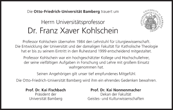 Anzeige von Franz Xaver Kohlschein von MGO