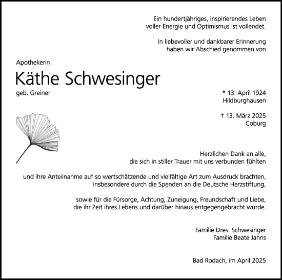 Anzeige von Käthe Schwesinger von MGO