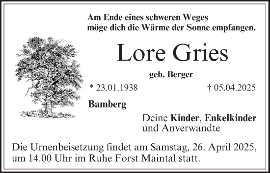 Anzeige von Lore Gries von MGO