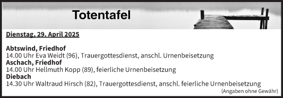 Anzeige von Totentafel vom 29.04.2025 von MGO