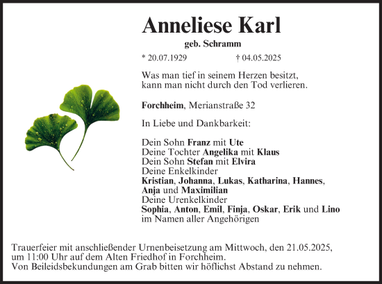 Anzeige von Anneliese Karl von MGO