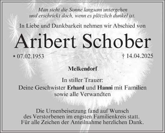 Anzeige von Aribert Schober von MGO