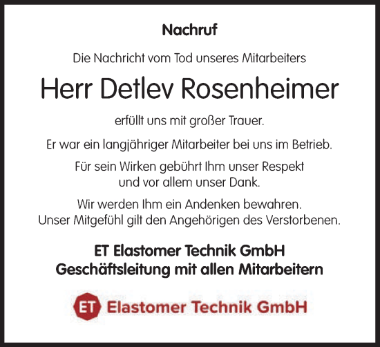 Anzeige von Detlev Rosenheimer von MGO