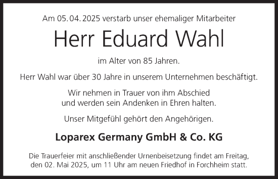 Anzeige von Eduard Wahl von MGO