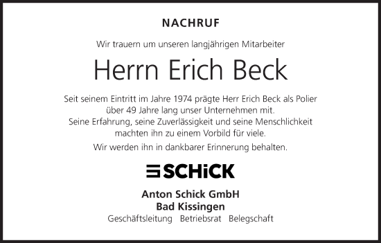 Anzeige von Erich Beck von MGO