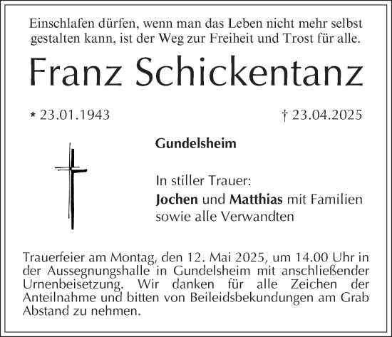 Anzeige von Franz Schickentanz von MGO