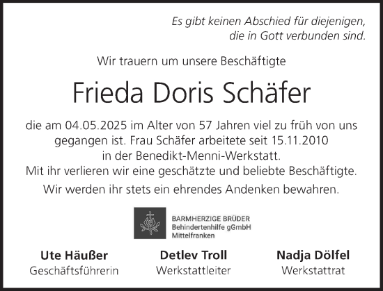 Anzeige von Frieda Doris Schäfer von MGO