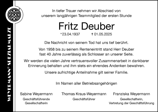 Anzeige von Fritz Deuber von MGO