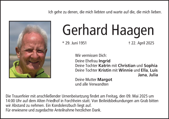 Anzeige von Gerhard Haagen von MGO