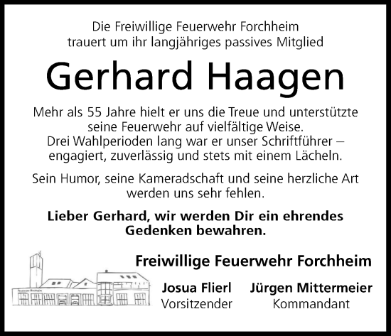 Anzeige von Gerhard Haagen von MGO