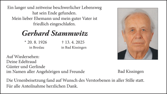 Anzeige von Gerhard Stammwitz von MGO