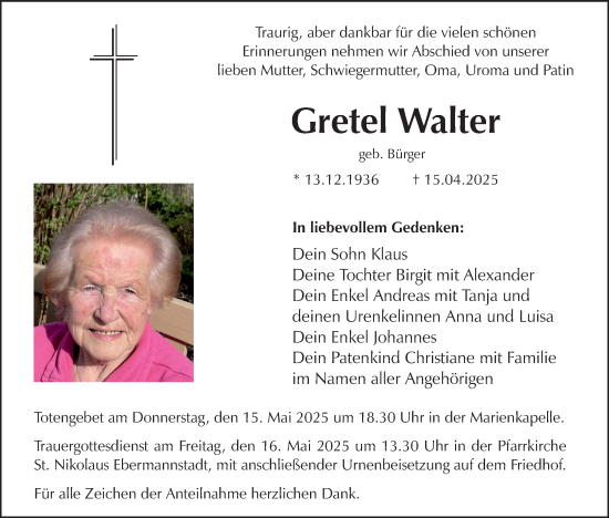 Anzeige von Gretel Walter von MGO