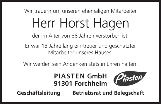 Anzeige von Horst Hagen von MGO
