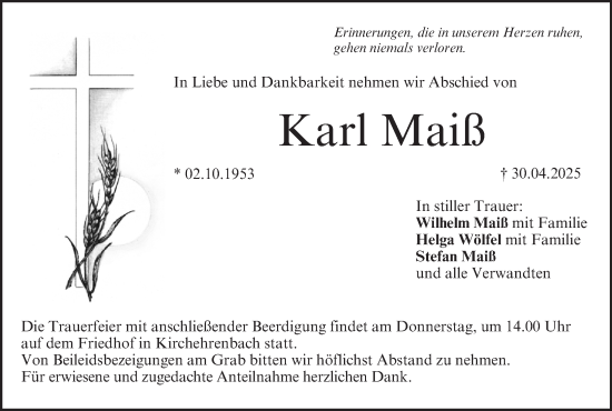 Anzeige von Karl Maiß von MGO