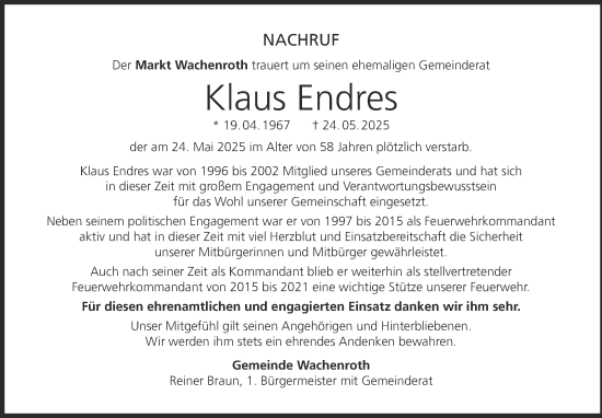 Anzeige von Klaus Endres von MGO