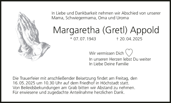 Anzeige von Margaretha Appold von MGO