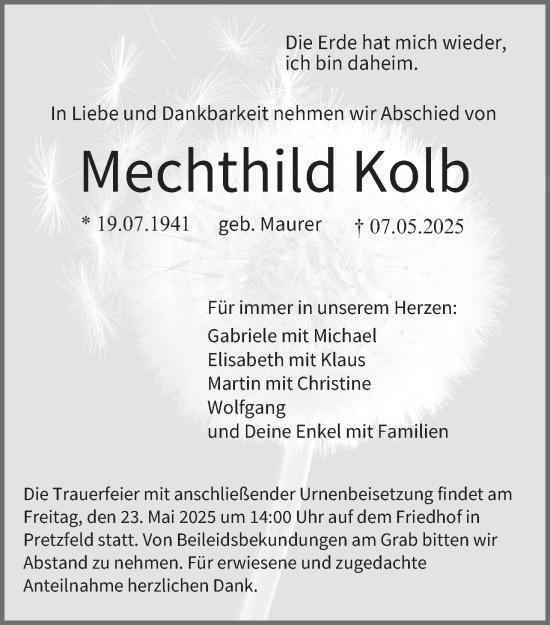 Anzeige von Mechthild Kolb von MGO