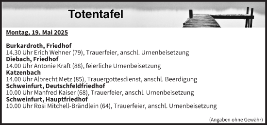 Anzeige von Totentafel vom 19.05.2025 von MGO
