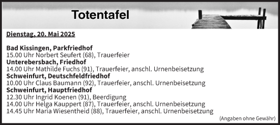 Anzeige von Totentafel vom 20.05.2025 von MGO