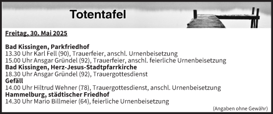 Anzeige von Totentafel vom 30.05.2025 von MGO