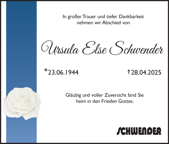 Anzeige von Ursula Else Schwender von MGO