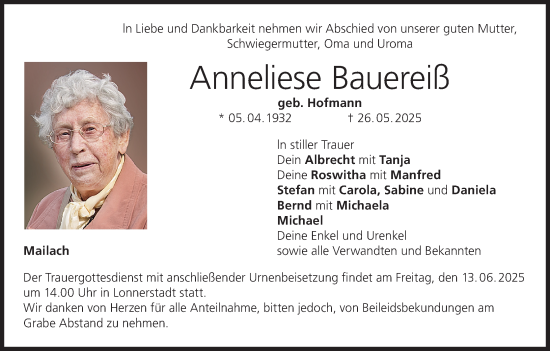 Anzeige von Anneliese Bauereiß von MGO