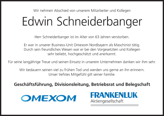 Anzeige von Edwin Schneiderbanger von MGO