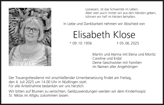 Anzeige von Elisabeth Klose von MGO