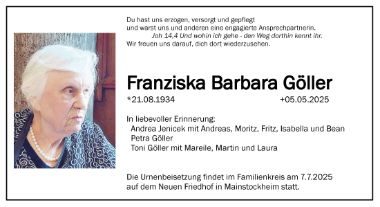 Anzeige von Franziska Barbara Göller von MGO