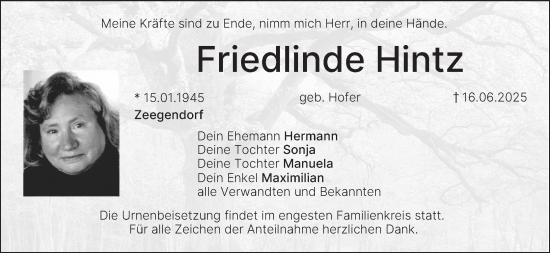 Anzeige von Friedlinde Hintz von MGO