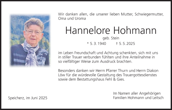 Anzeige von Hannelore Hohmann von MGO