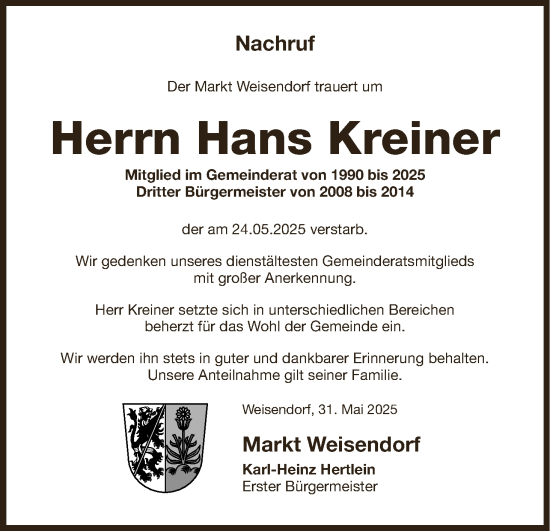 Anzeige von Hans Kreiner von MGO