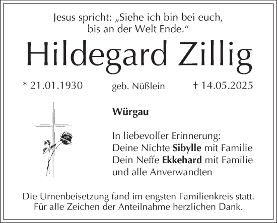 Anzeige von Hildegard Zillig von MGO