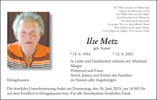 Anzeige von Ilse Metz von MGO