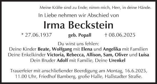 Anzeige von Irma Beckstein von MGO