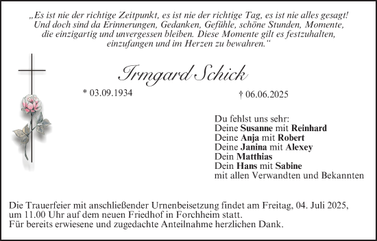 Anzeige von Irmgard Schick von MGO
