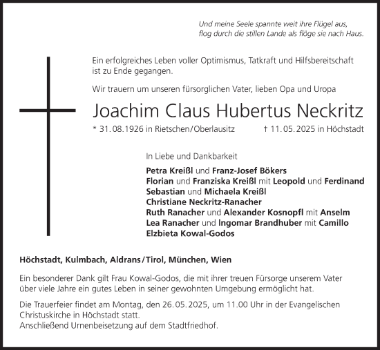 Anzeige von Joachim Claus Hubertus Neckritz von MGO