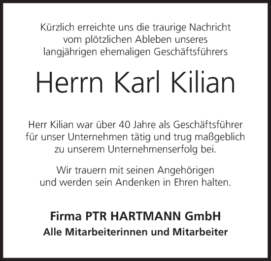 Anzeige von Karl Kilian von MGO