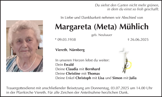 Anzeige von Margareta Mühlich von MGO
