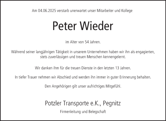 Anzeige von Peter Wieder von MGO