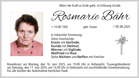 Anzeige von Rosmarie Bähr von MGO
