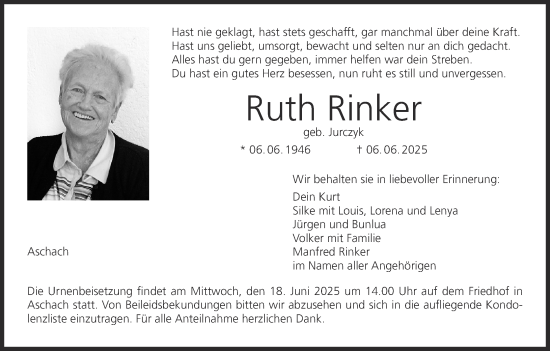 Anzeige von Ruth Rinker von MGO